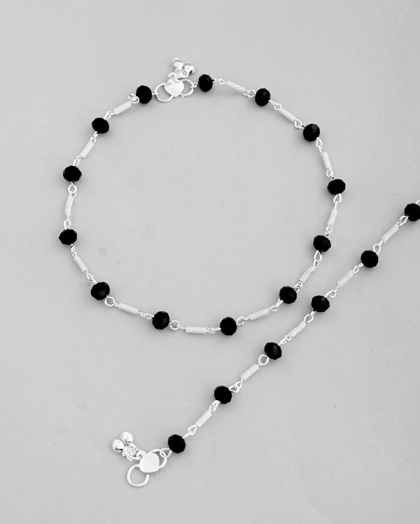 VOJ Set of 2 Silver Plated With Black Beads Anklet - Swadesiicart