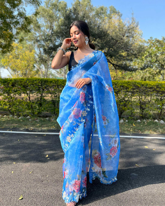 Vamsee Sia Blue Organza Saree - Swadesiicart