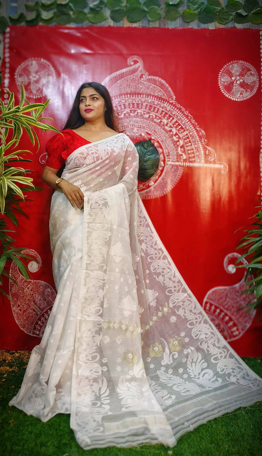 Exclusive Collection Handloom Dhakai Jamdani Saree - White - Swadesiicart