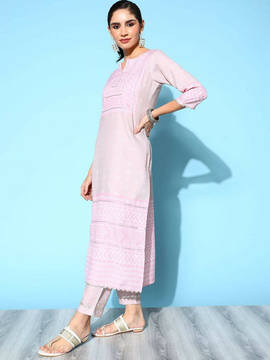 Ahalyaa Women's Beige Cotton Blend Printed Kurta Pant Set | Swadesiicart
