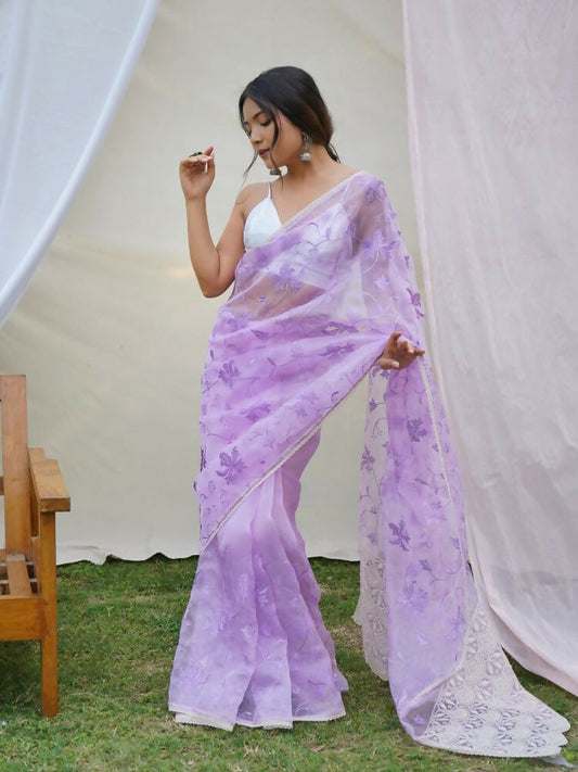 Vamsee Ishaq Lavender Organza Saree - Swadesiicart