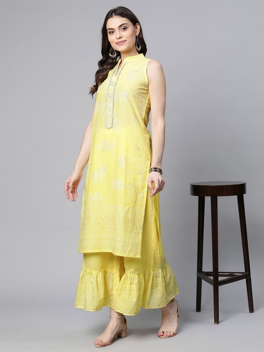 Ahalyaa Women Yellow Colour Pure Cotton Glitter Print Kurta Palazzo Set | Swadesiicart