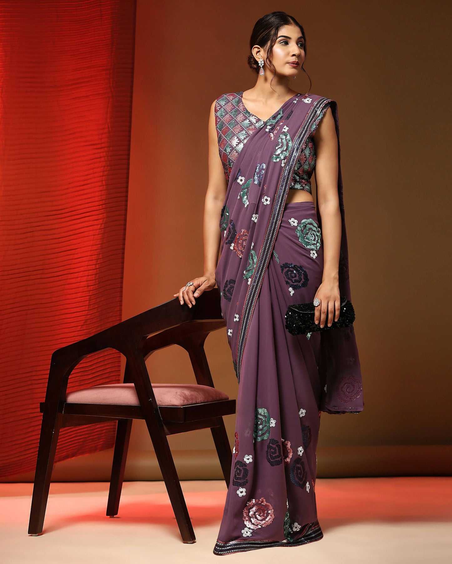 Purple Pure Georgette Sequence work Ready to wear Saree with stitched Blouse - Nirvana | Swadesiicart