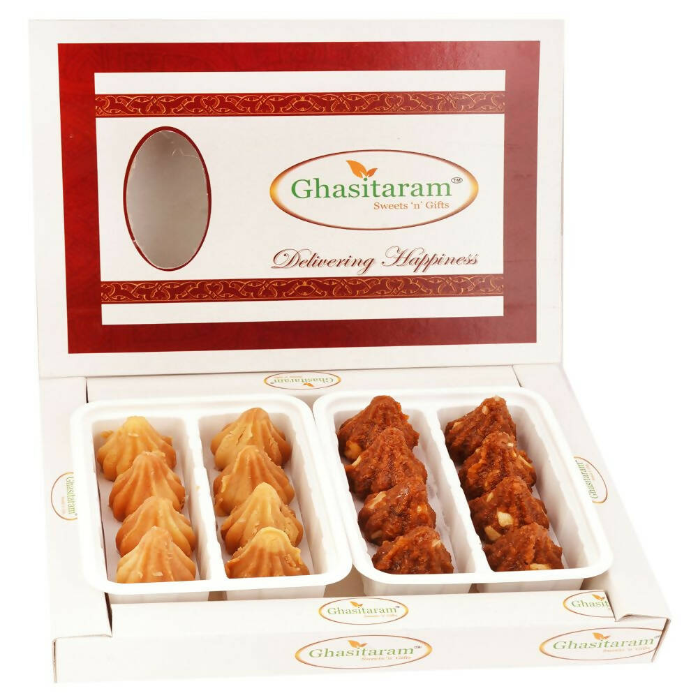 Ghasitaram White Box of Dodha Barfi and Mysore Pak Modaks | Swadesiicart