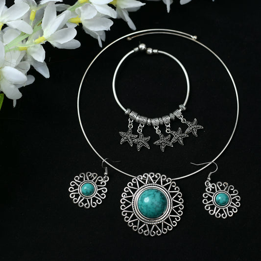 Mominos Fashion Johar Kamal Oxidised Silver-Plated Stone Work Necklace Handicraft | Swadesiicart