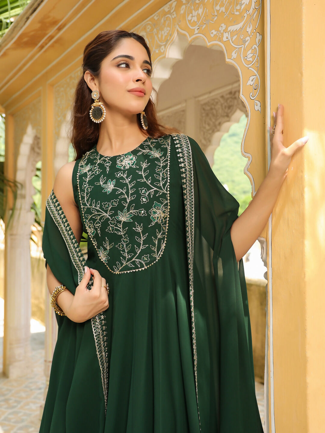 Janasya Dark Green Georgette Embroidered Dress & Jacket | Swadesiicart