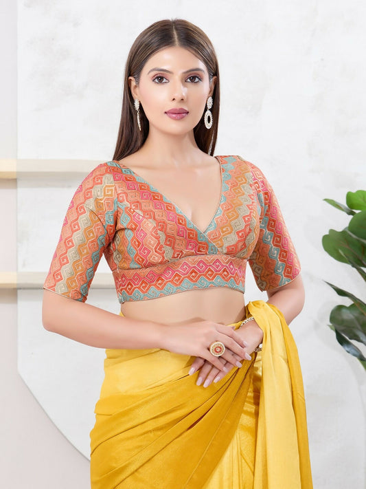 Joban Fashion Peach Brocade Elbow Sleeveless Back Open Blouse - Swadesiicart