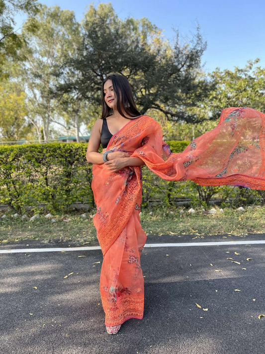 Vamsee Vidhi 1 Orange Organza Saree - Swadesiicart