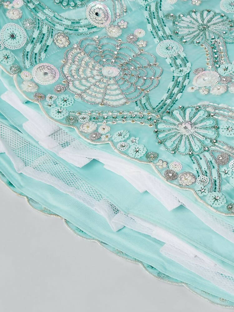 House of Panchhi Turquoise Blue Organza Sequins, Zarkan And Thread Embroidery Lehenga Choli & Dupatta | Swadesiicart