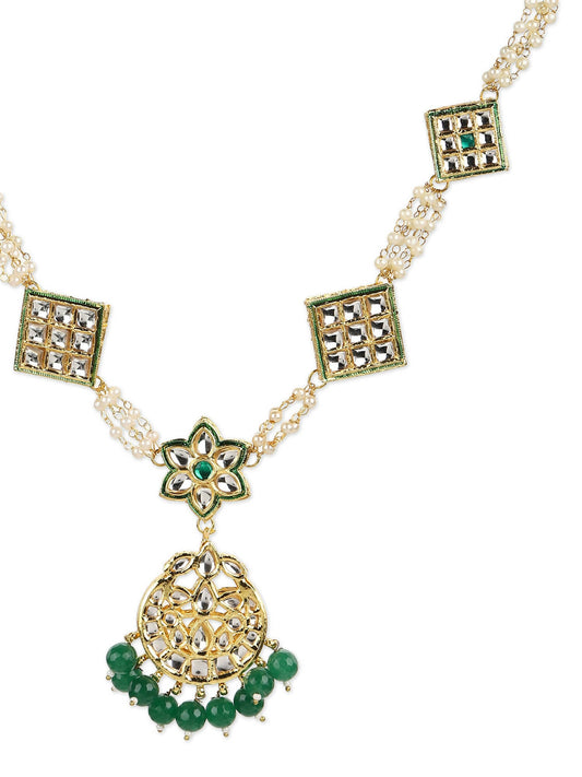 Gold-Polished White Green Kundan-Studded Pearl Beaded Matha Patti - Ruby Raang | Swadesiicart