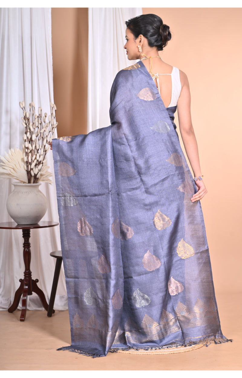 Morchari Pure Tussar Silk Handloom Saree-Grey | Swadesiicart