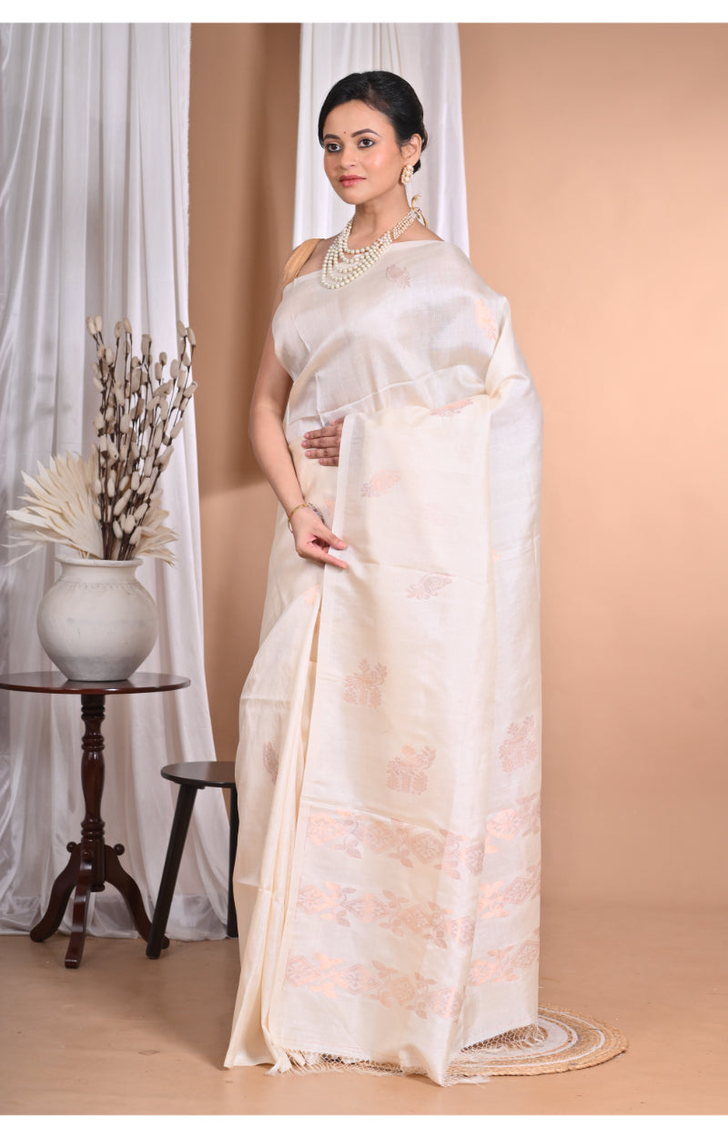 Morchari Pure Tussar Silk Handloom Saree-Cream | Swadesiicart