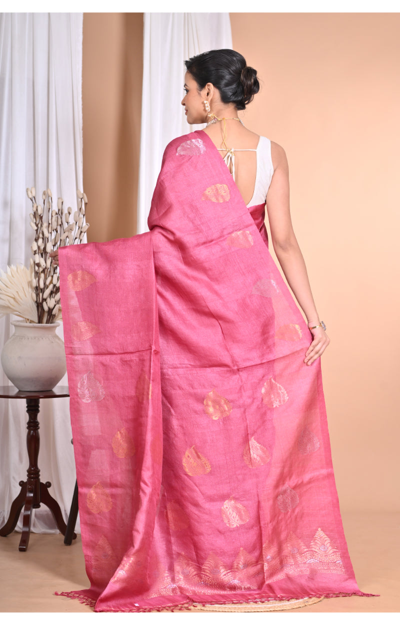 Morchari Pure Tussar Silk Handloom Saree-Pink | Swadesiicart