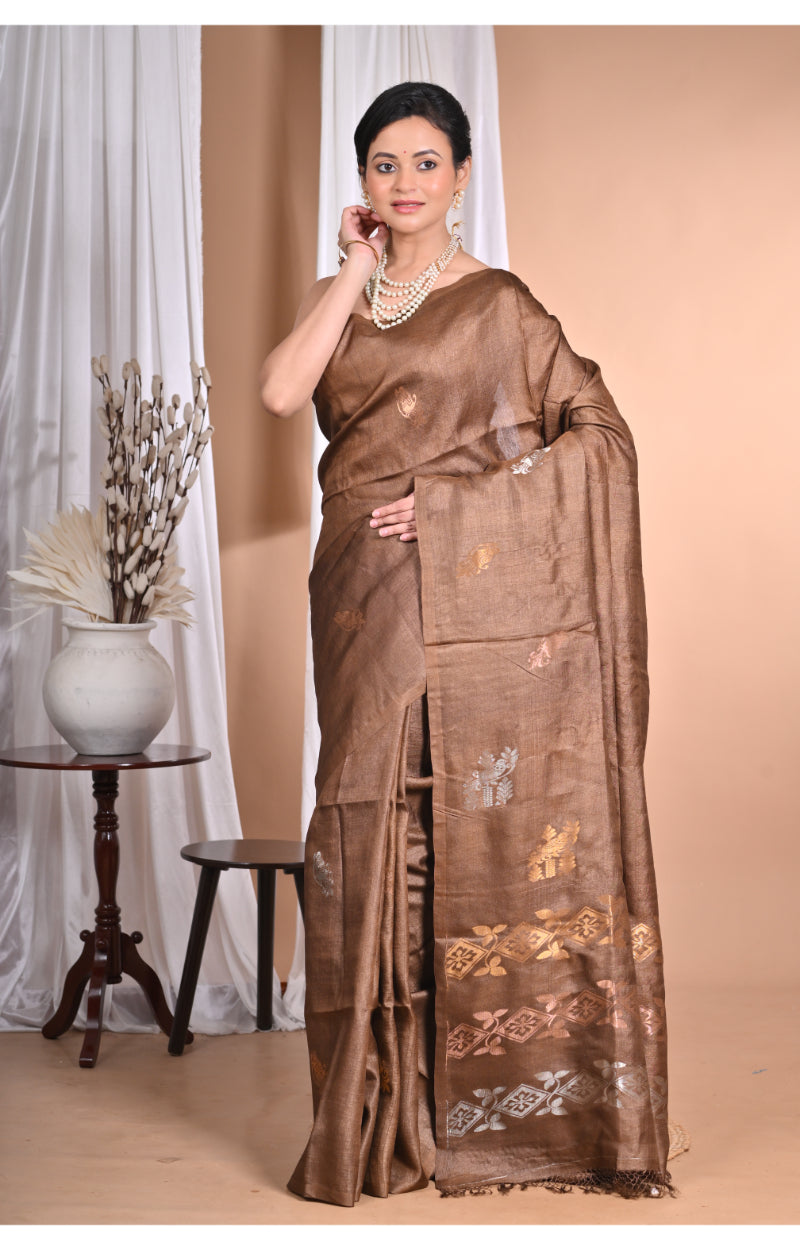 Morchari Pure Tussar Silk Handloom Saree-Coffee Brown | Swadesiicart