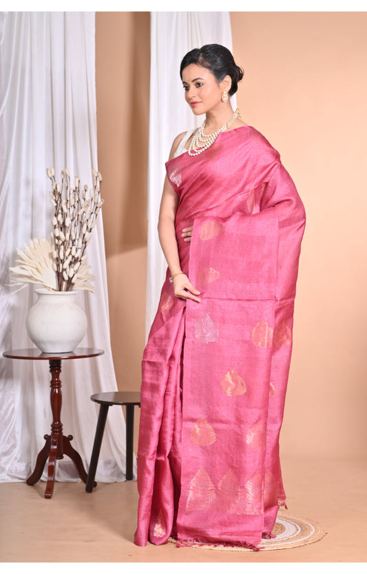 Morchari Pure Tussar Silk Handloom Saree-Pink | Swadesiicart