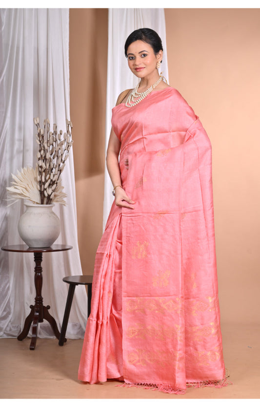 Morchari Pure Tussar Silk Handloom Saree-Pink | Swadesiicart
