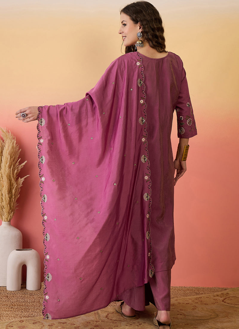 Vegaa Fashion Onion Pink Roman Silk Embroidered Palazzo Suit - Swadesiicart