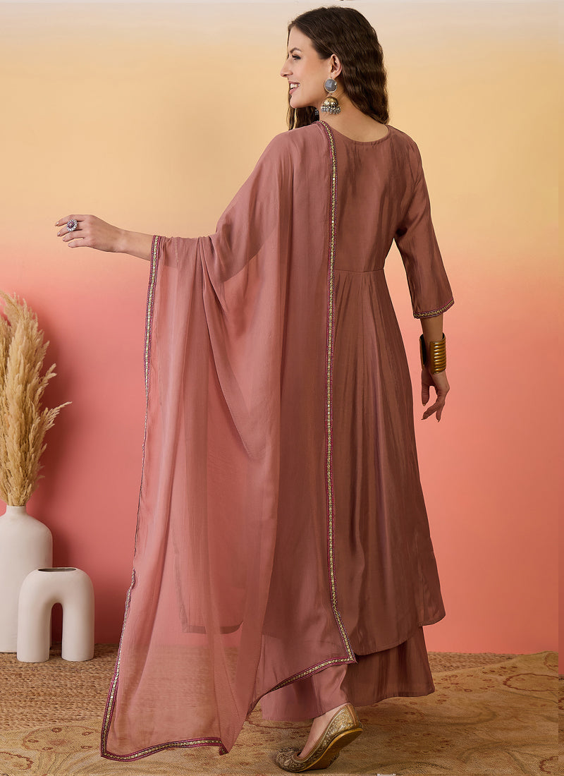Vegaa Fashion Brown Roman Silk Embroidered Palazzo Suit - Swadesiicart
