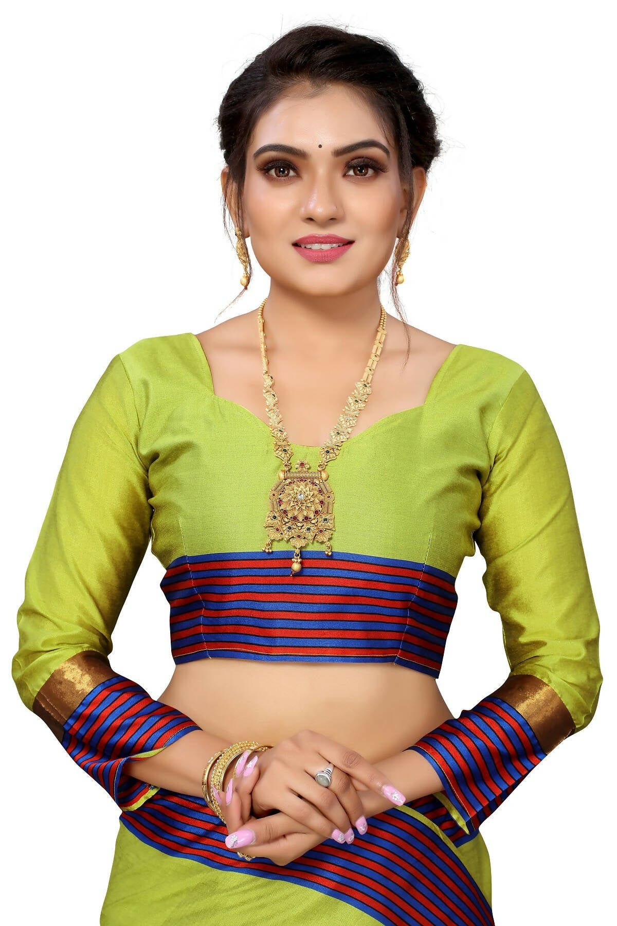 Vamika Ethnic Fire Parrot Green Cotton Silk Saree | Swadesiicart