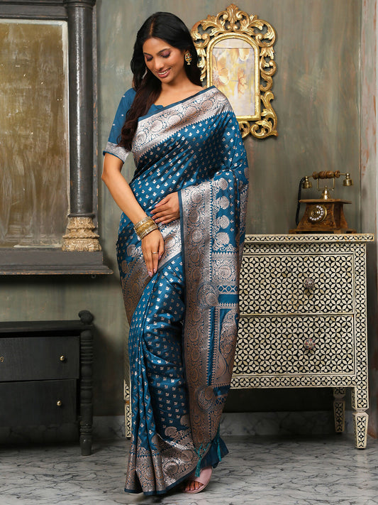 Astita Banarasi Silk Blue Saree | Swadesiicart