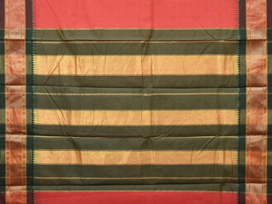 Peach and Green Bamboo Cotton Plain Saree with Strips Pallu Design No Blouse - Global Threads | Swadesiicart