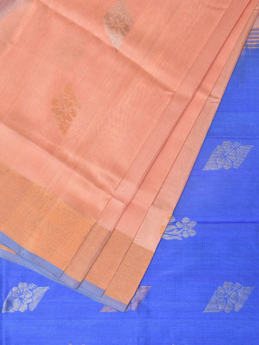 Peach and Light Blue Uppada Silk Handloom Saree with Body Buta Design - Global Threads | Swadesiicart