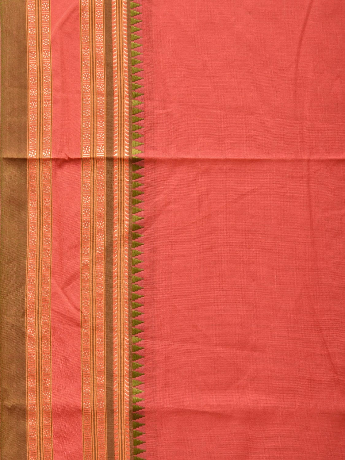 Peach Bamboo Cotton Plain Saree with Strips Pallu Design No Blouse - Global Threads | Swadesiicart