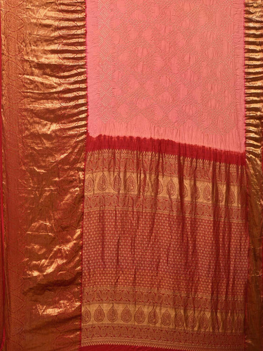 Peach Bandhani Kanchipuram Silk Handloom Saree with Pallu and Border Design - Global Threads | Swadesiicart