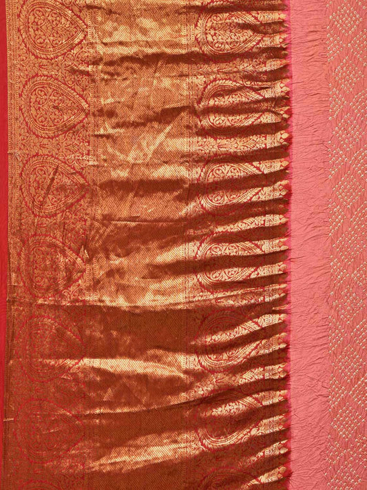 Peach Bandhani Kanchipuram Silk Handloom Saree with Pallu and Border Design - Global Threads | Swadesiicart