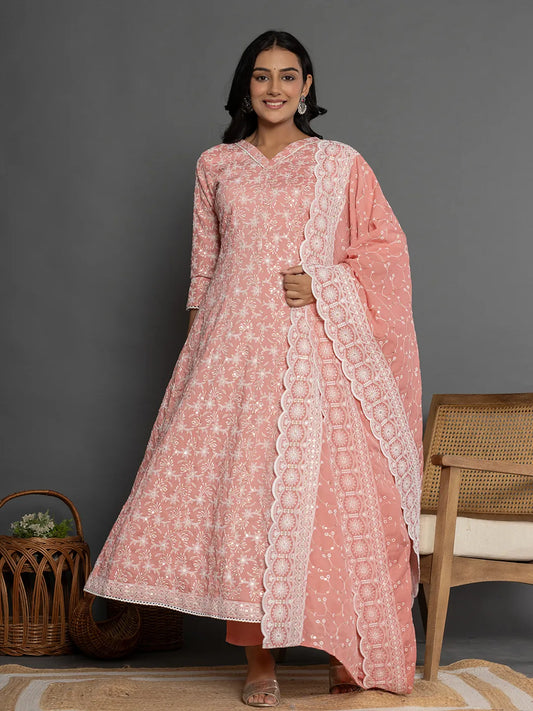 Yufta Peach Cotton Silk Embroidered Anarkali Kurta Dupatta Set - Swadesiicart