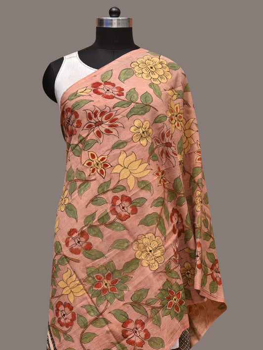 Peach Kalamkari Hand Painted Cotton Bhujodi Handloom Dupatta with Floral Design - Global Threads | Swadesiicart
