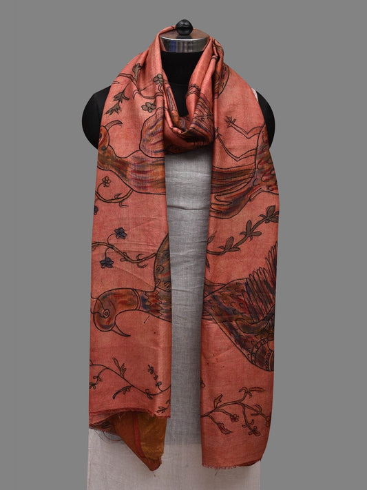 Peach Kalamkari Hand Painted Kanchipuram Silk Handloom Dupatta with Birds Design - Global Threads | Swadesiicart
