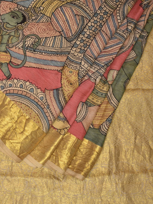 Peach Kalamkari Hand Painted Kanchipuram Silk Handloom Saree with Ramayana Design - Global Threads | Swadesiicart