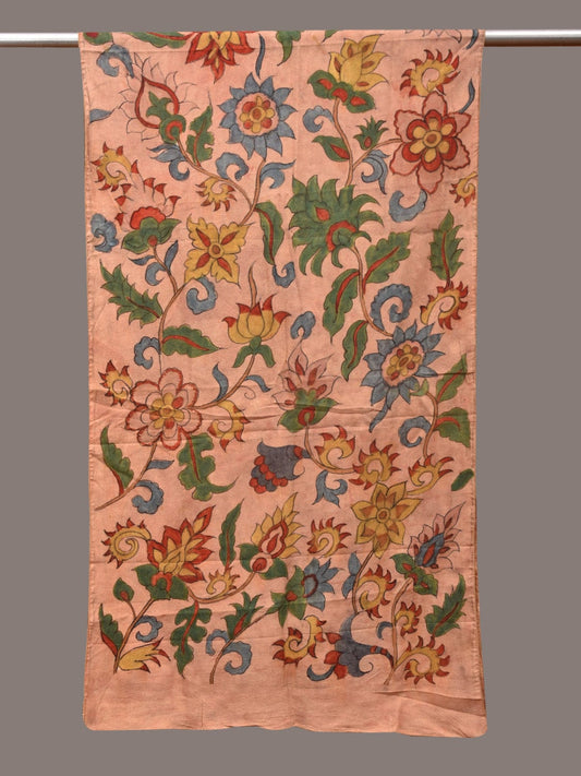 Peach Kalamkari Hand Painted Sico Stole with Floral and Birds Design - Global Threads | Swadesiicart