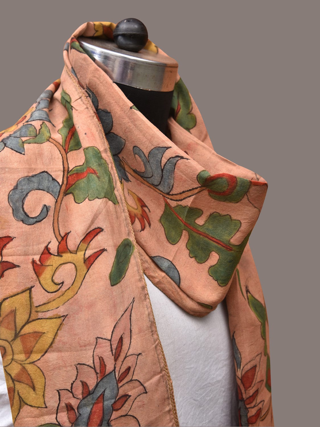 Peach Kalamkari Hand Painted Sico Stole with Floral and Birds Design - Global Threads | Swadesiicart