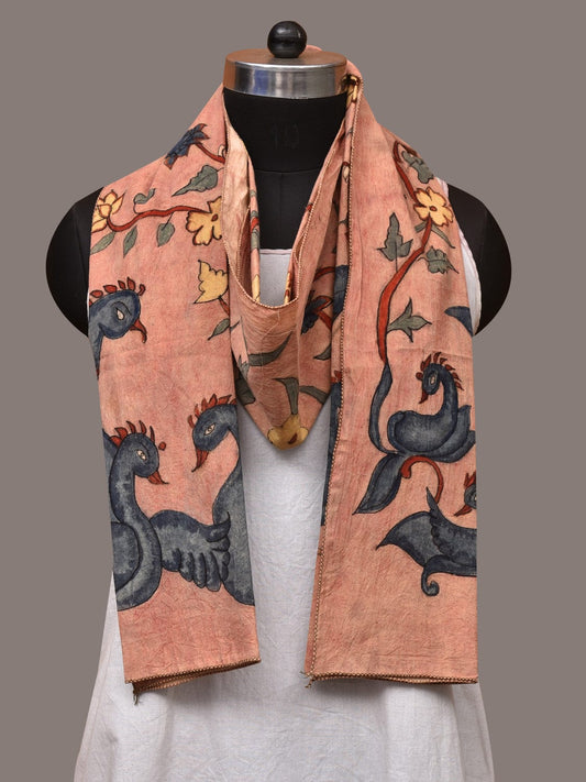 Peach Kalamkari Hand Painted Sico Stole with Floral and Birds Design - Global Threads | Swadesiicart