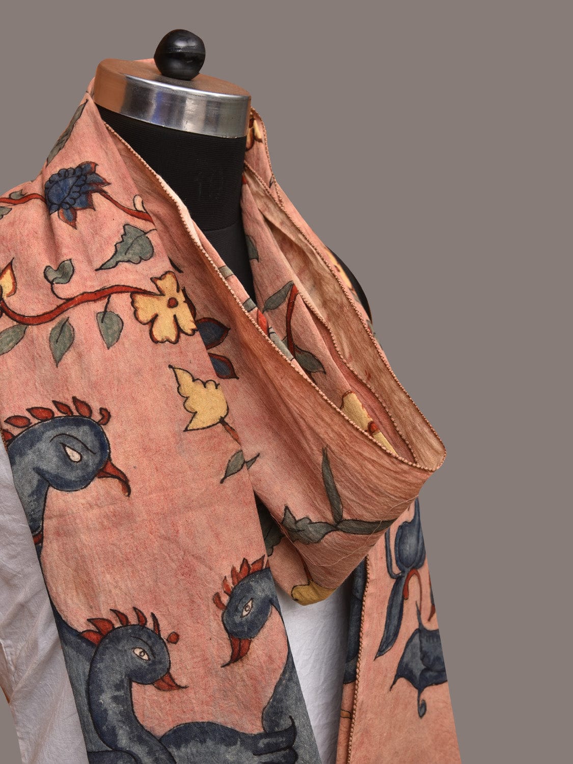 Peach Kalamkari Hand Painted Sico Stole with Floral and Birds Design - Global Threads | Swadesiicart