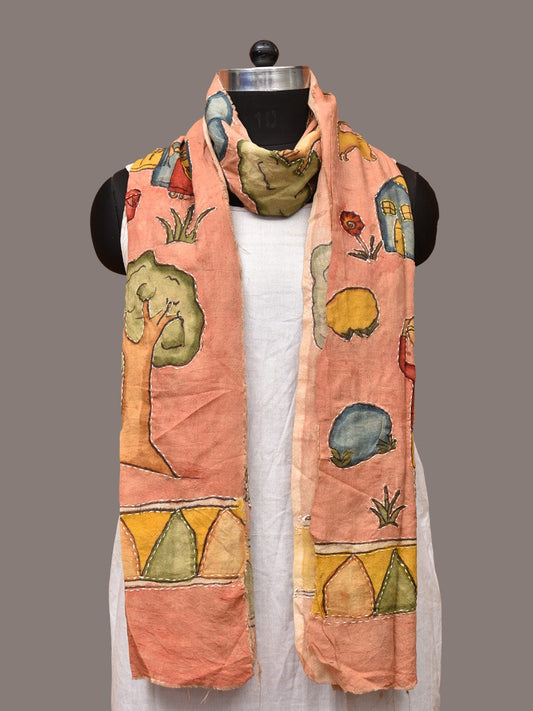 Peach Kalamkari Hand Painted Sico Stole with Village Theme Design - Global Threads | Swadesiicart