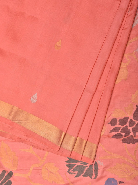 Peach Uppada Silk Handloom Saree with Birds and Floral Pallu Design - Global Threads | Swadesiicart