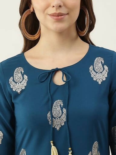 FIORRA Women's Blue Poly Crepe Flared Kurta - Swadesiicart