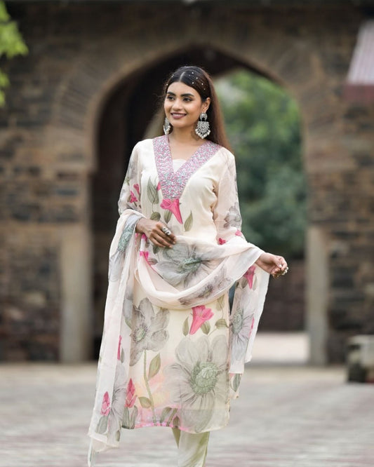 Lorenvalley Black Georgette Printed with Embroidery Work Kurta Set - Swadesiicart