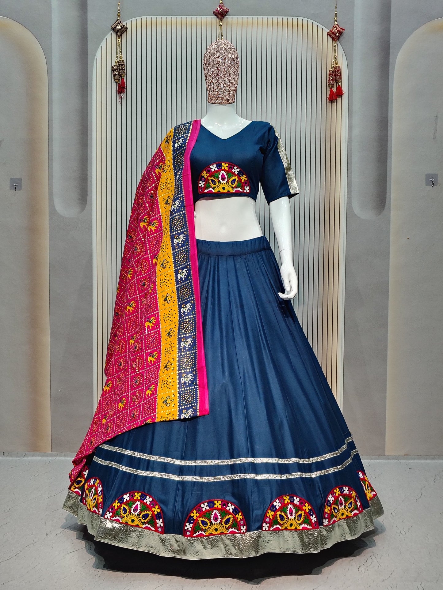DEIANA'S Gota Patch Gamthi Work Lace Lehenga Choli - Navy Blue - Swadesiicart
