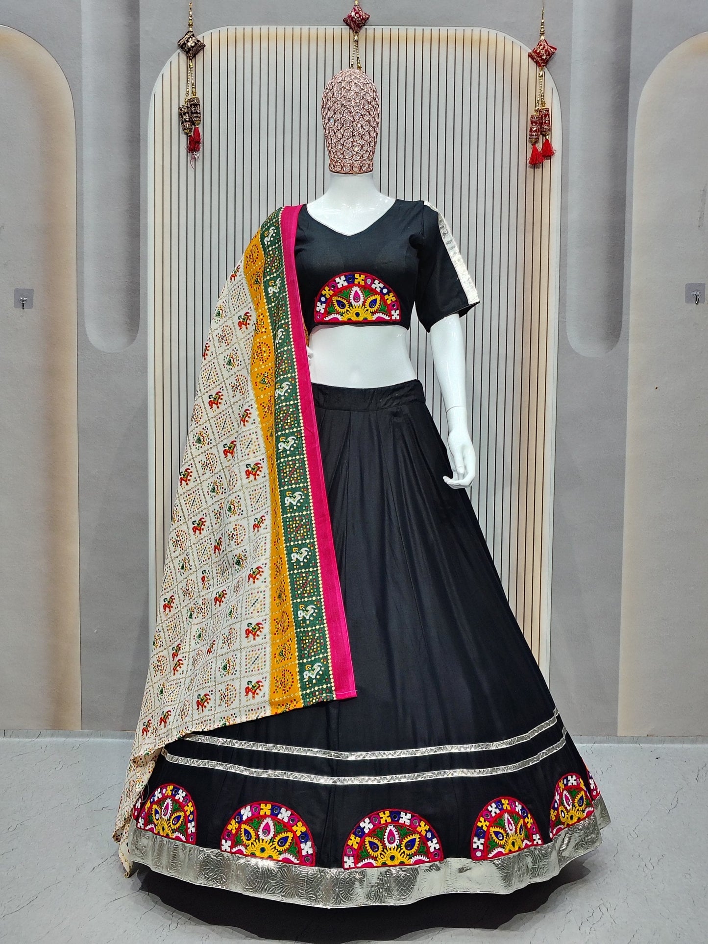 DEIANA'S Gota Patch Gamthi Work Lace Lehenga Choli - Black - Swadesiicart
