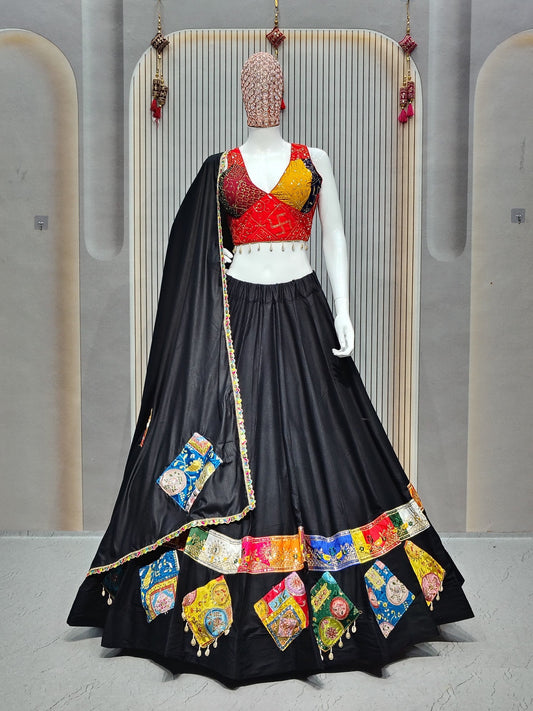 DEIANA'S Gamthi Patch With Handmade Kodi Lace Lehenga Choli - Black - Swadesiicart