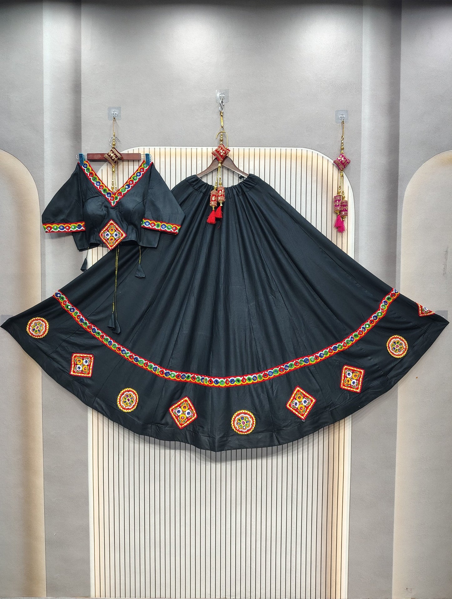 DEIANA'S Gota Patch Gamthi Work Lace Lehenga Choli - Black - Swadesiicart