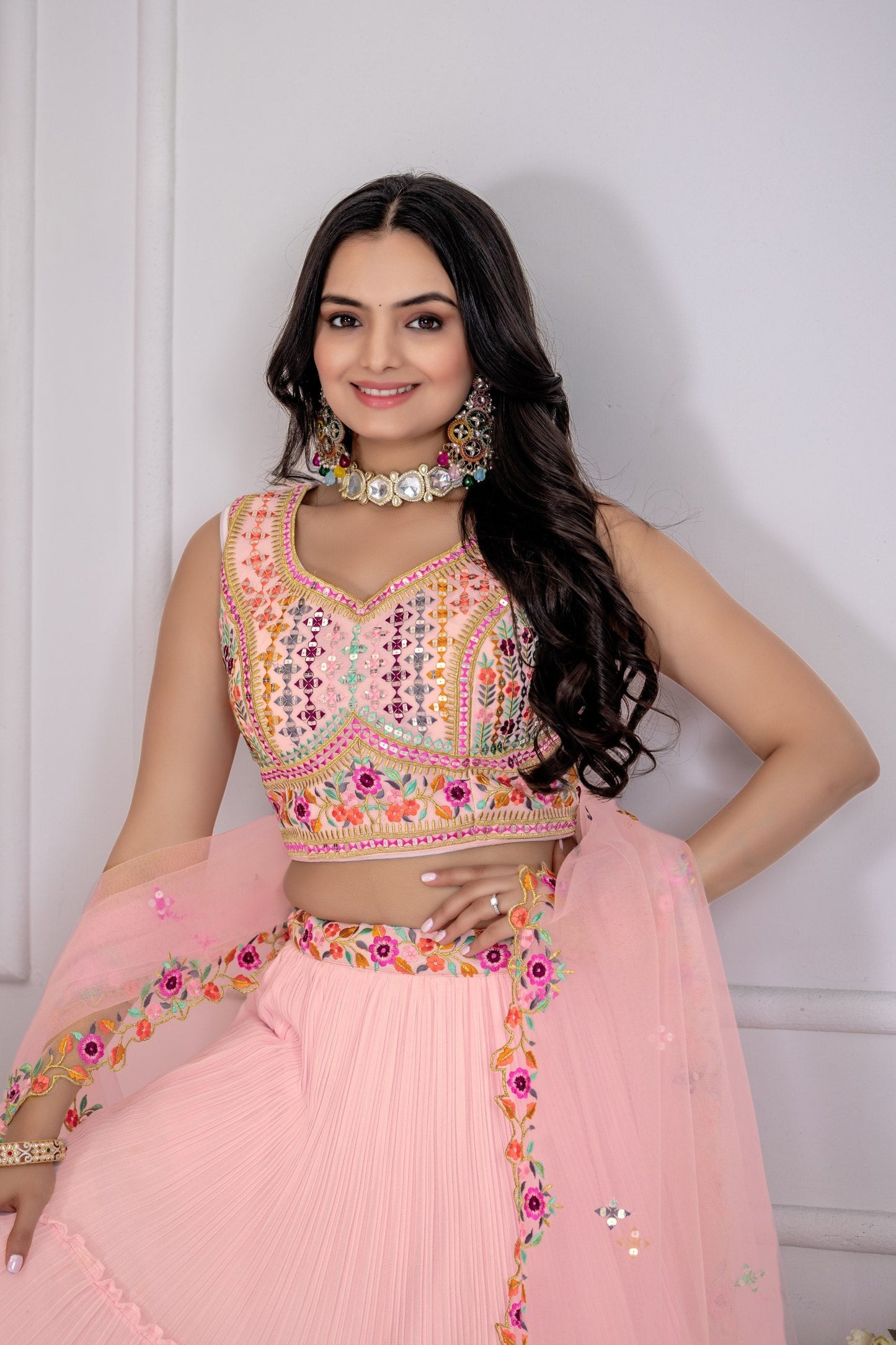 DEIANA'S Heavy Plain with crease work Lehenga Choli - Pink - Swadesiicart