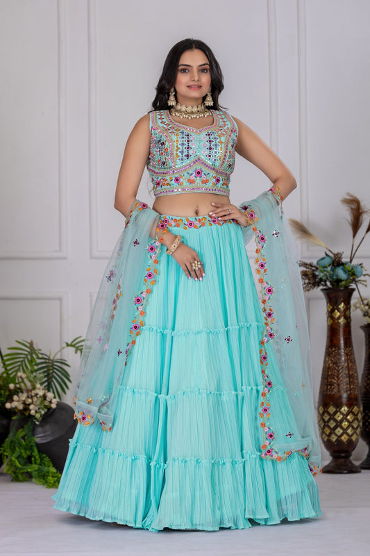 DEIANA'S Heavy Plain with crease work Lehenga Choli - Sky Blue - Swadesiicart