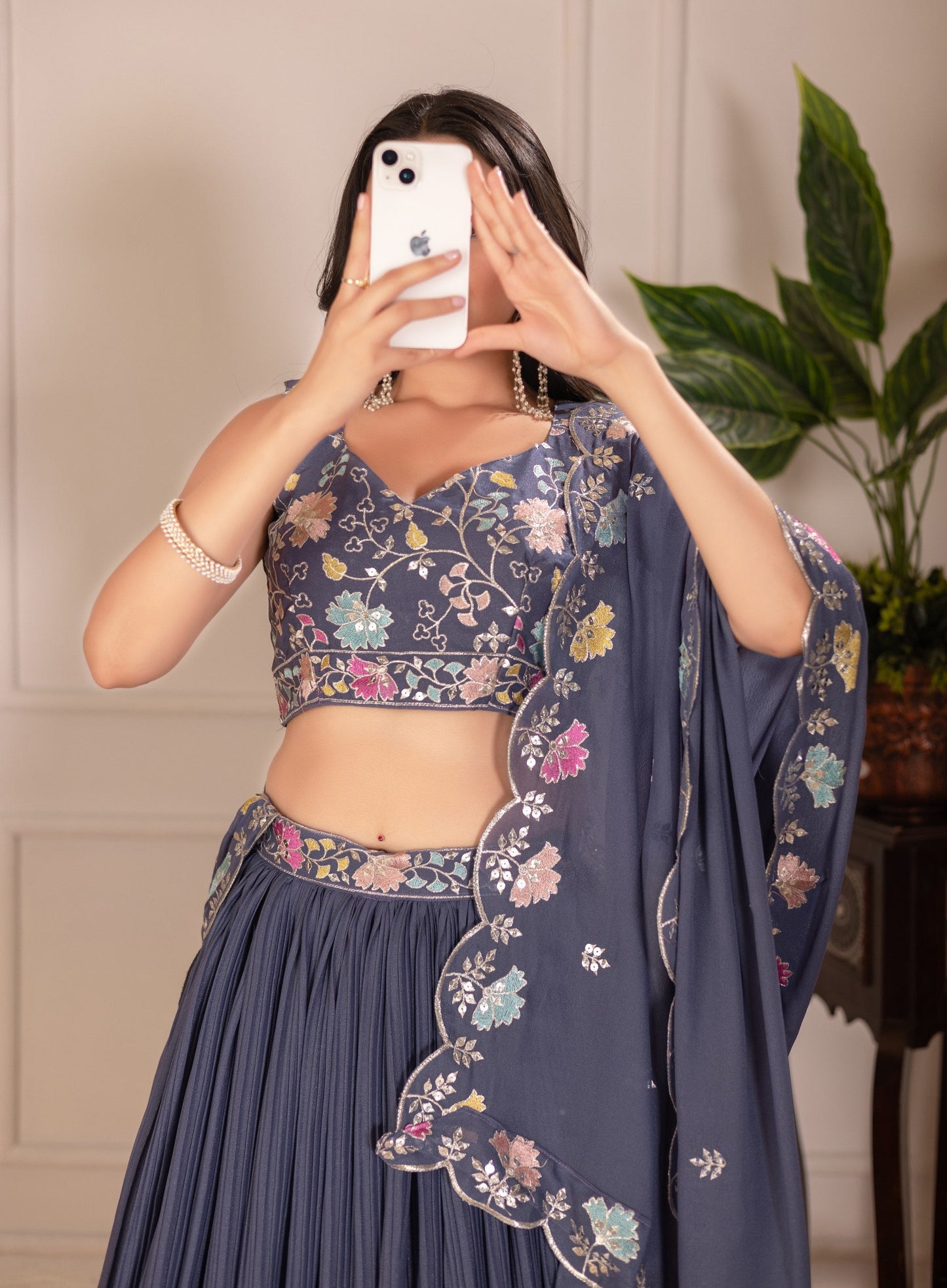 DEIANA'S Heavy Plain with crease work Lehenga Choli - Grey - Swadesiicart