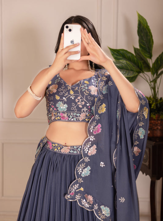 DEIANA'S Heavy Plain with crease work Lehenga Choli - Grey - Swadesiicart