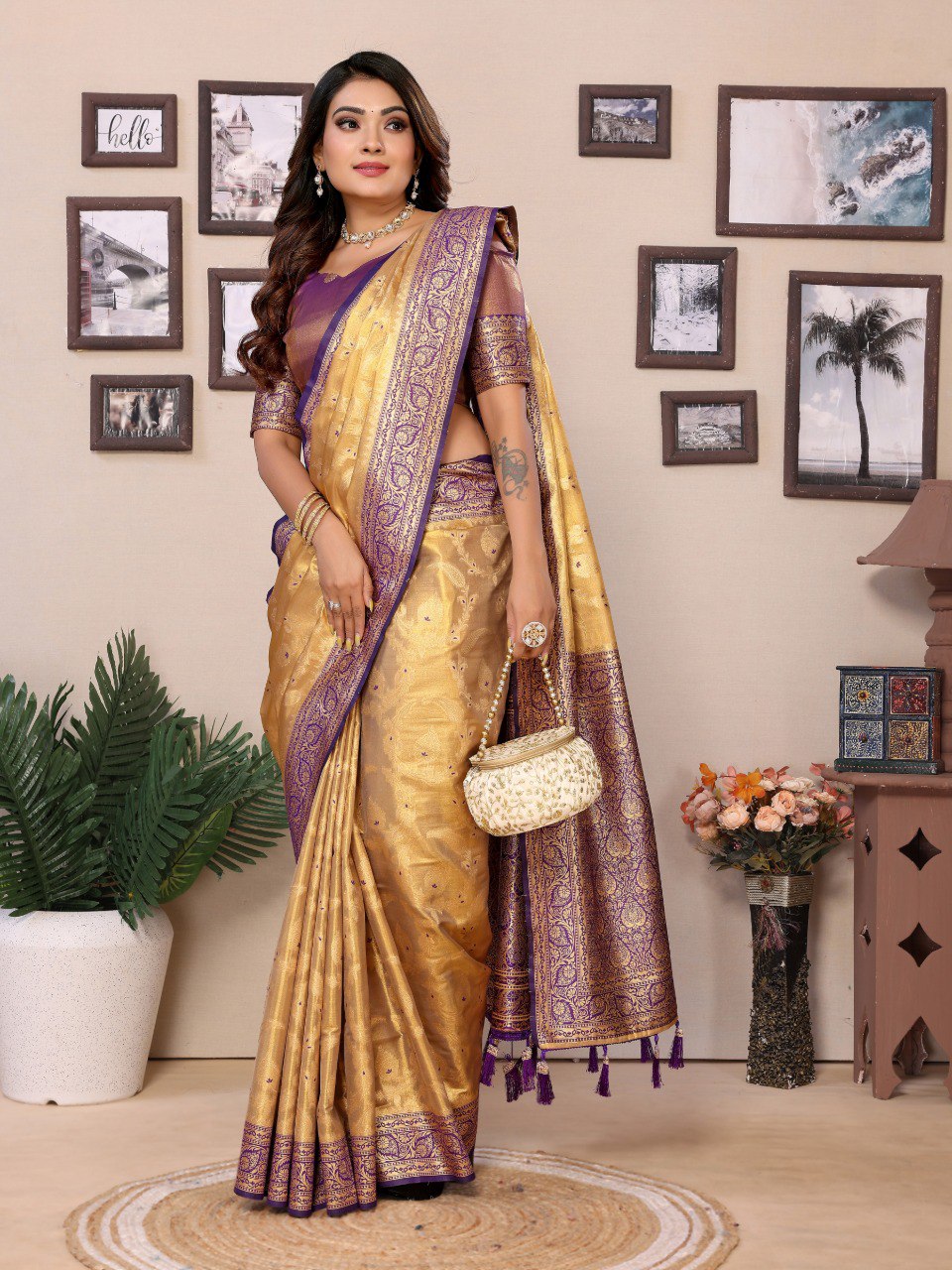Anaita Cream Tissue Silk With Jaal Weaving Saree With Blouse